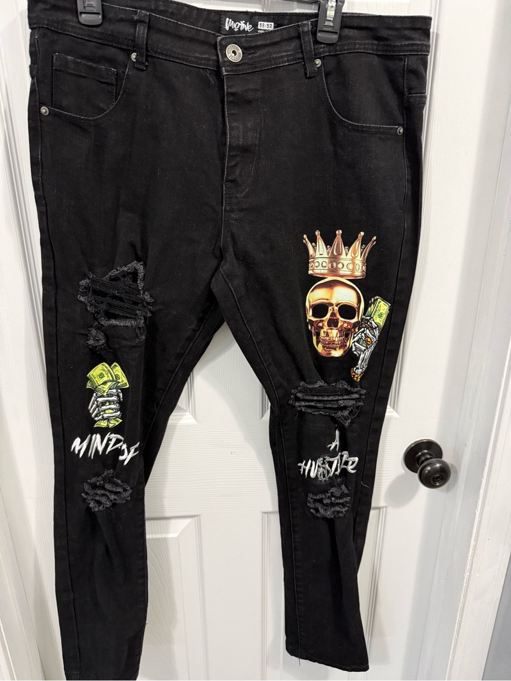 Black Skinny Jeans with Crown Skull Graphic by